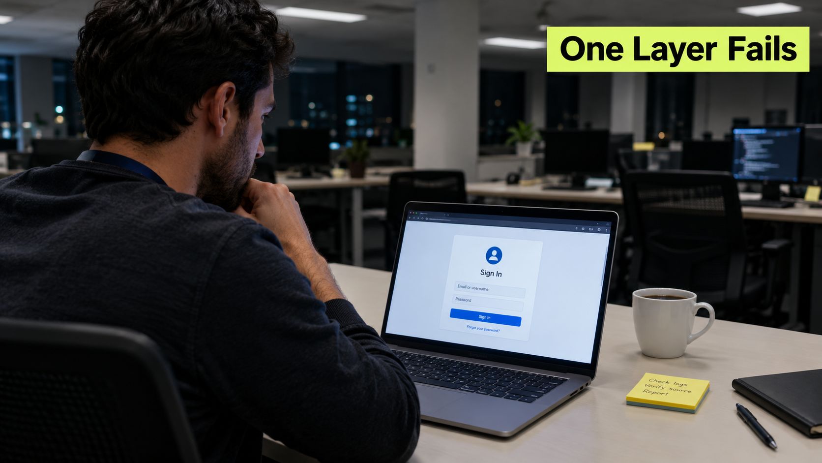 A person sitting at a desk looking at a computer screen showing a login prompt in an office.