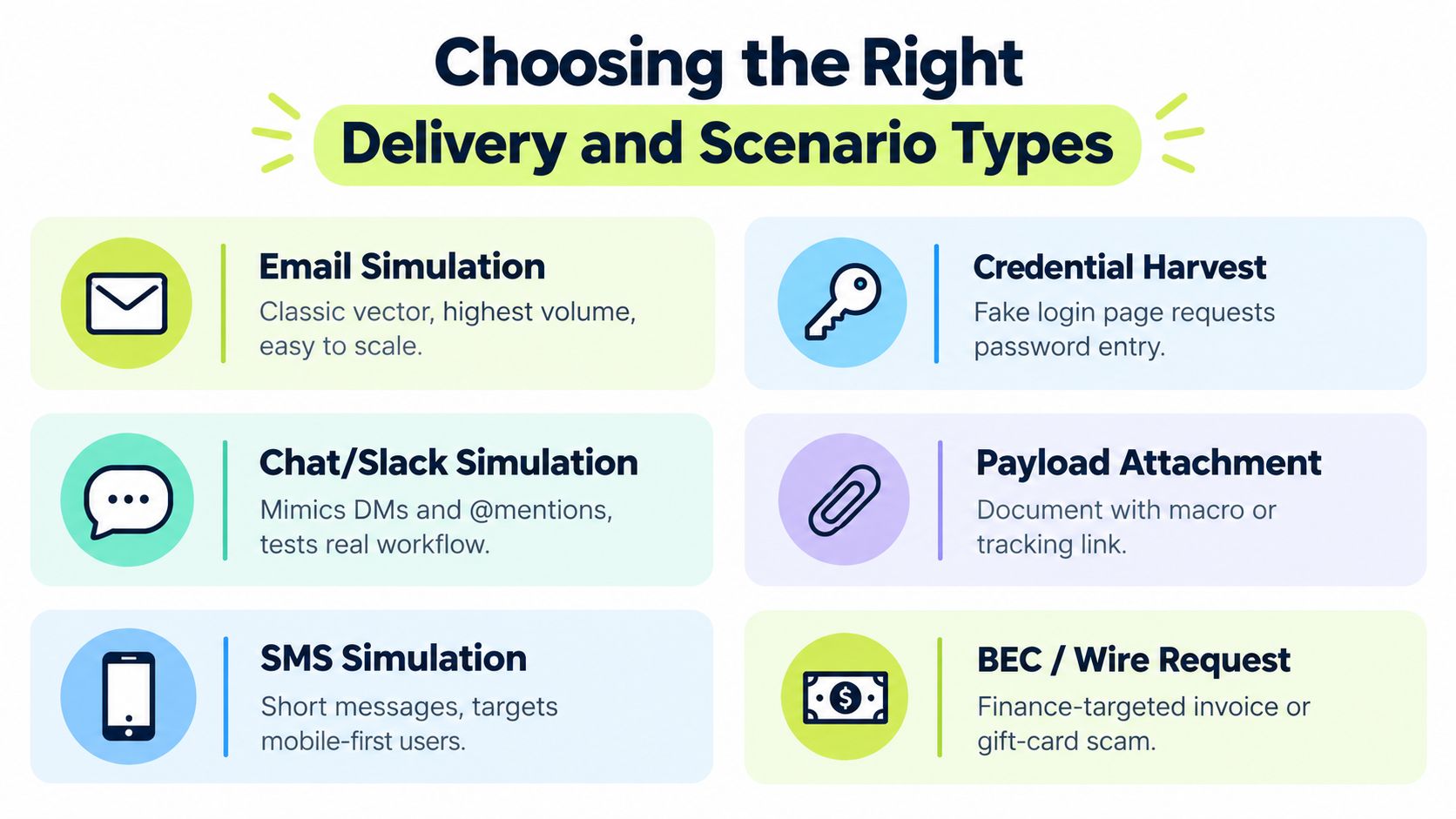An infographic titled Choosing the Right Delivery and Scenario Types, showing common phishing simulation methods and attack scenarios.