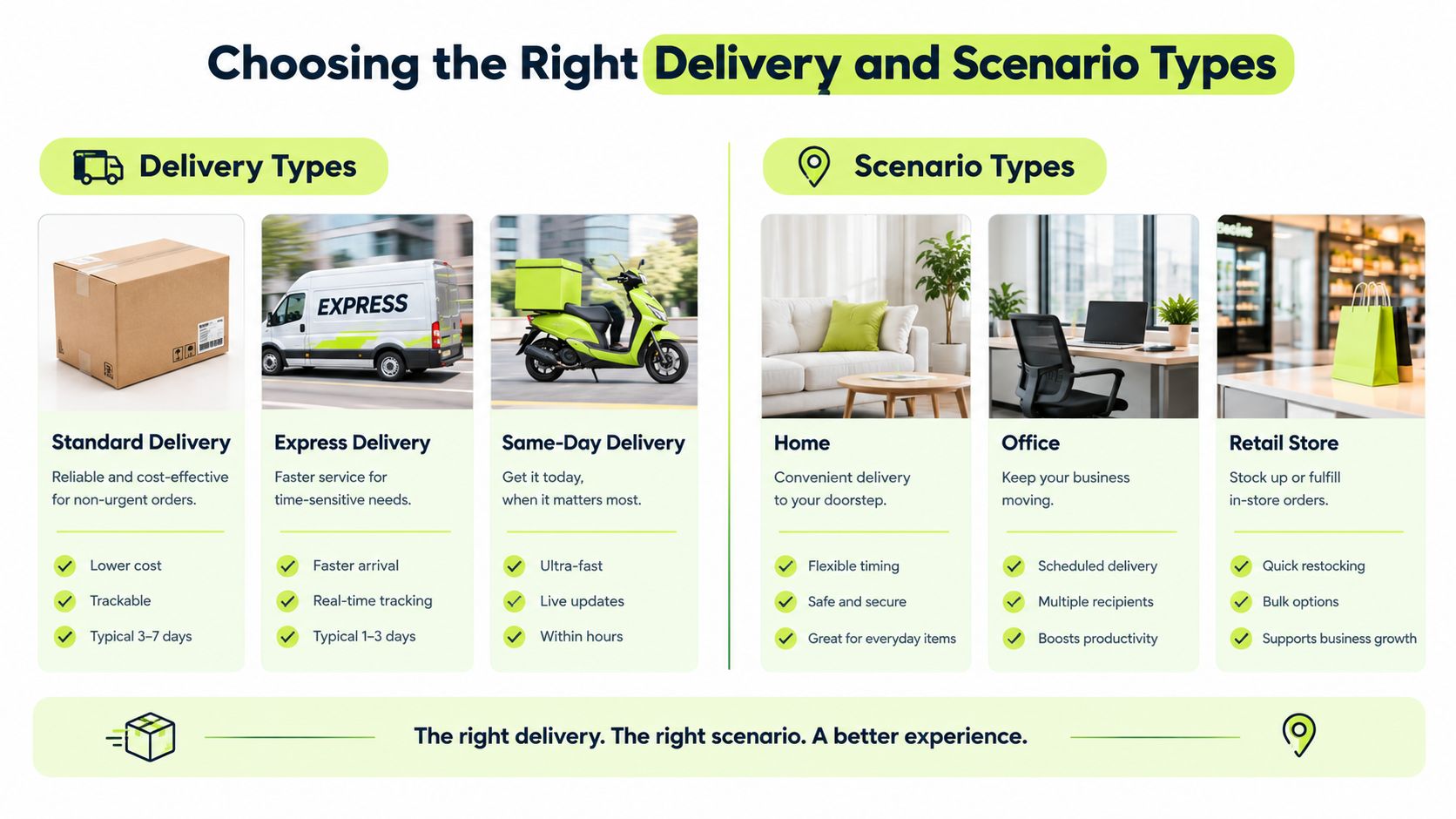 An infographic showing different delivery types and scenario types for optimized shipping and business logistics.