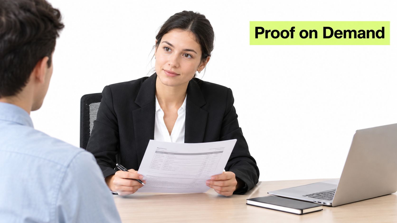 A professional recruiter reviews documents during an interview with a candidate in a bright modern office.