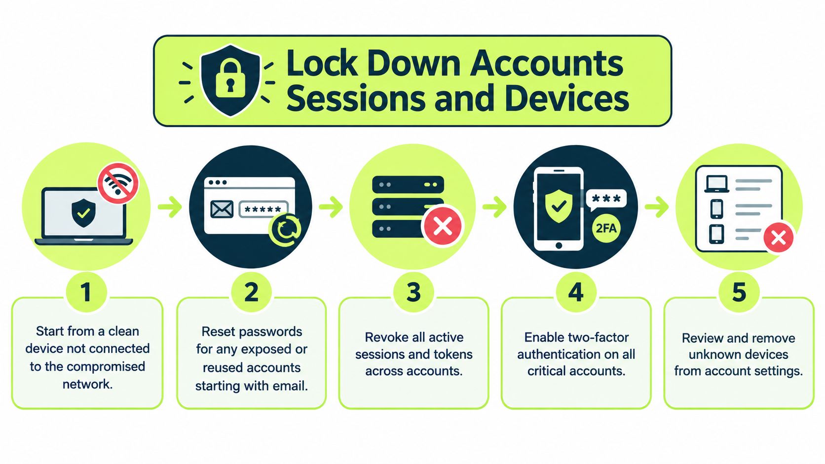 A five-step infographic showing how to secure accounts, sessions, and devices after a security incident.