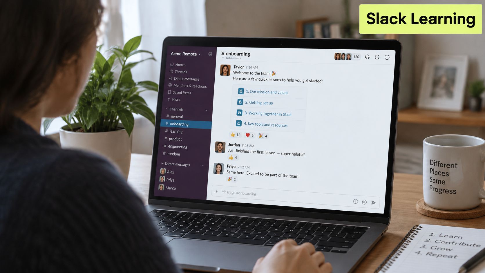 A person using a laptop to view a Slack channel dedicated to remote onboarding and team training.