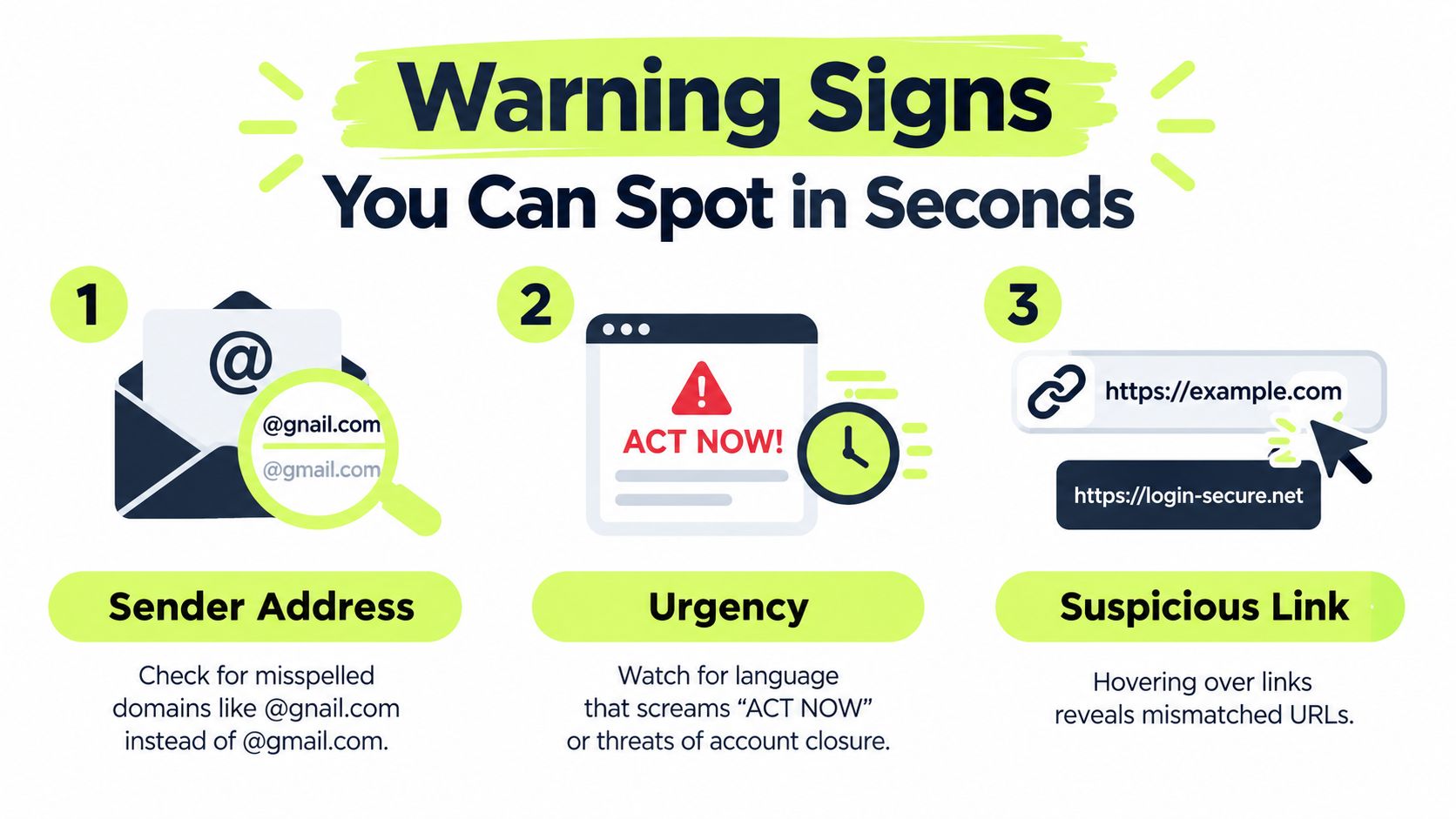 An infographic showing three common warning signs to spot phishing attempts in seconds, including sender address, urgency, and suspicious links.