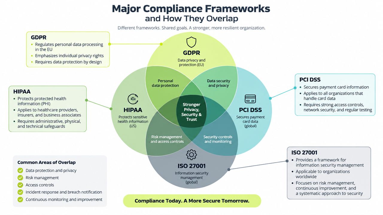 A Venn diagram showing the overlap between GDPR, HIPAA, PCI DSS, and ISO 27001 compliance frameworks.