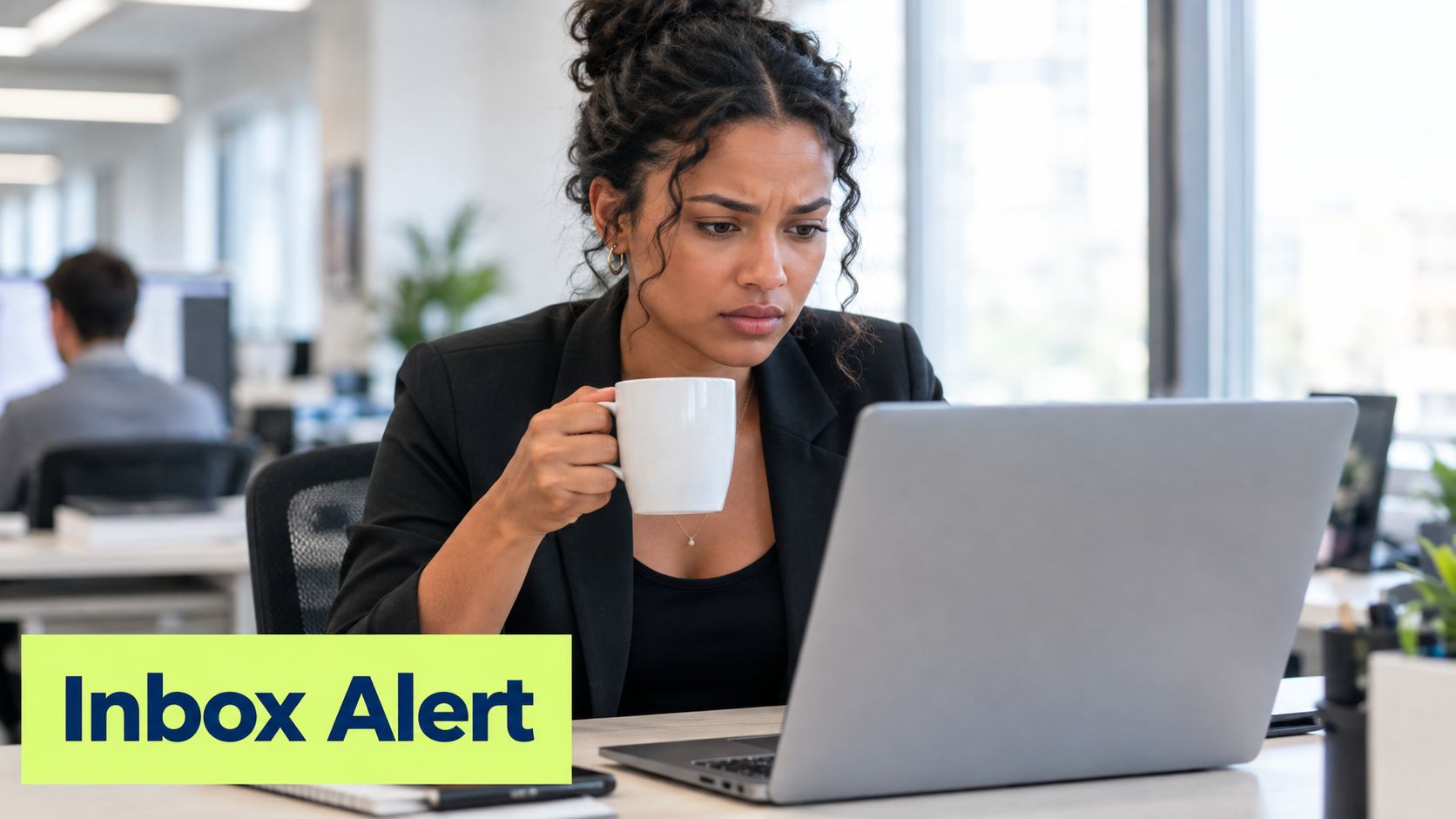A focused professional woman looks concerned while reading a notification on her laptop in an office.