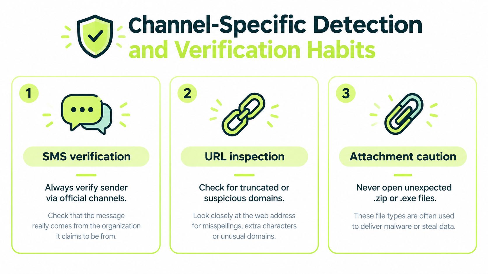 An infographic titled Channel-Specific Detection and Verification Habits, illustrating three security tips for SMS, URLs, and email attachments.