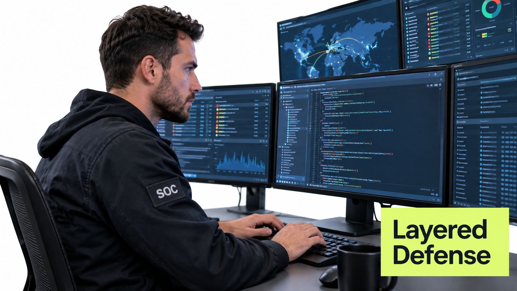 A professional security operations center analyst working on multiple computer screens displaying network security data and code.