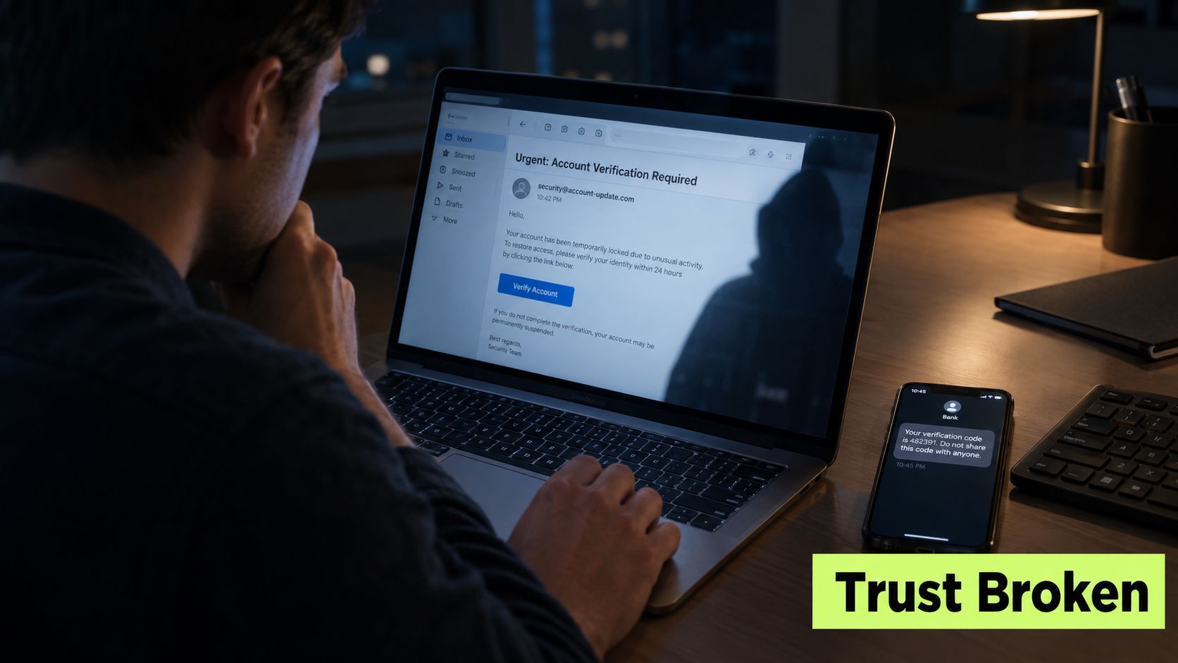 A person looking at a phishing email on a laptop while a bank verification code appears on their phone.