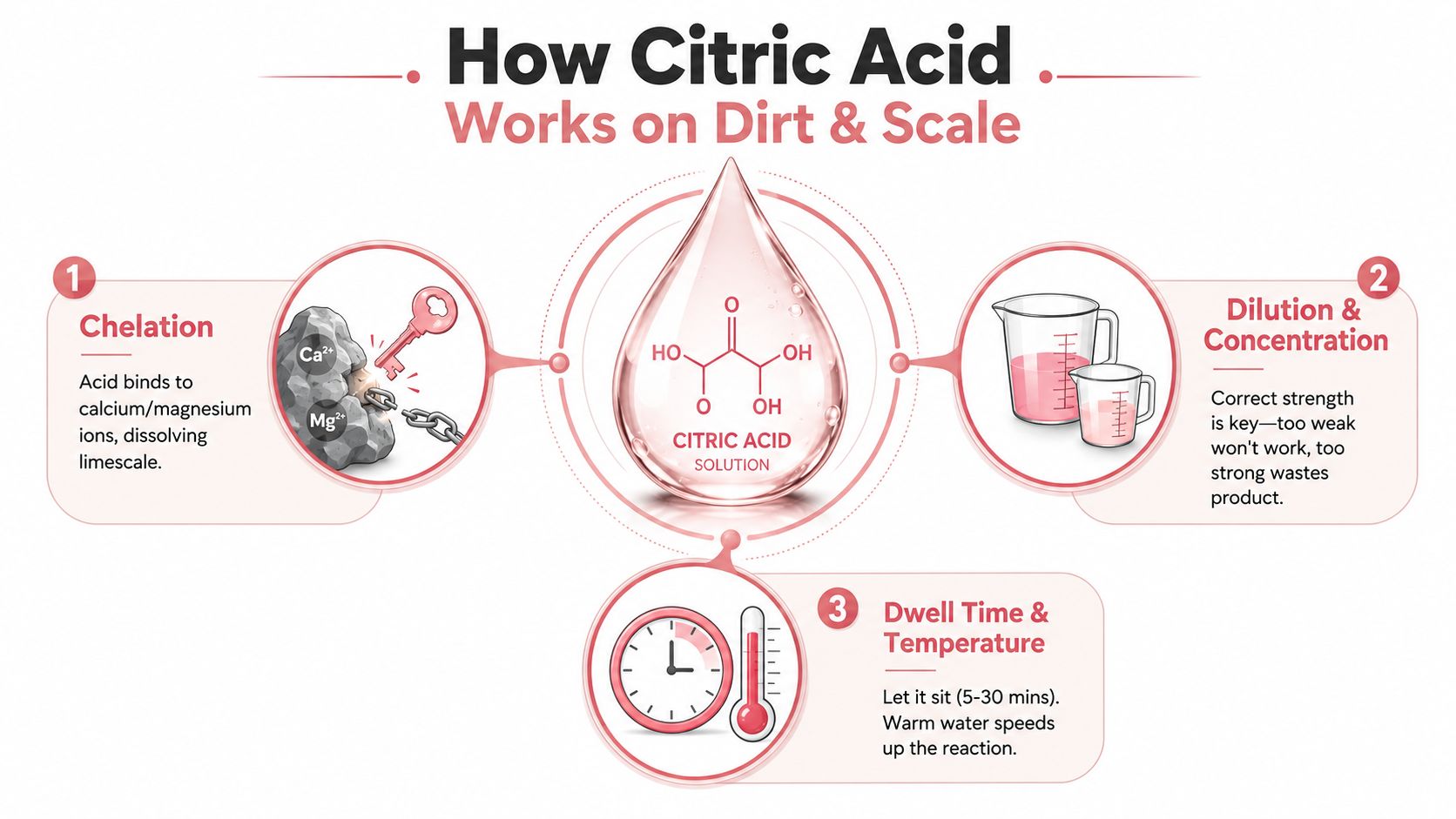 An infographic explaining how citric acid works on dirt and scale through chelation, dilution, and temperature.