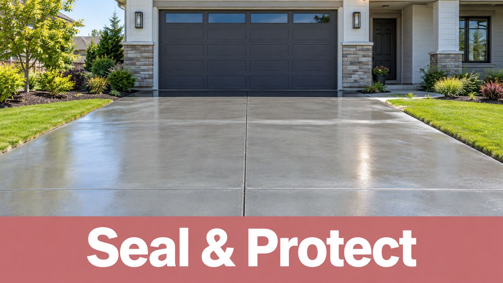 A clean, freshly sealed concrete driveway in front of a modern home with manicured green lawns.