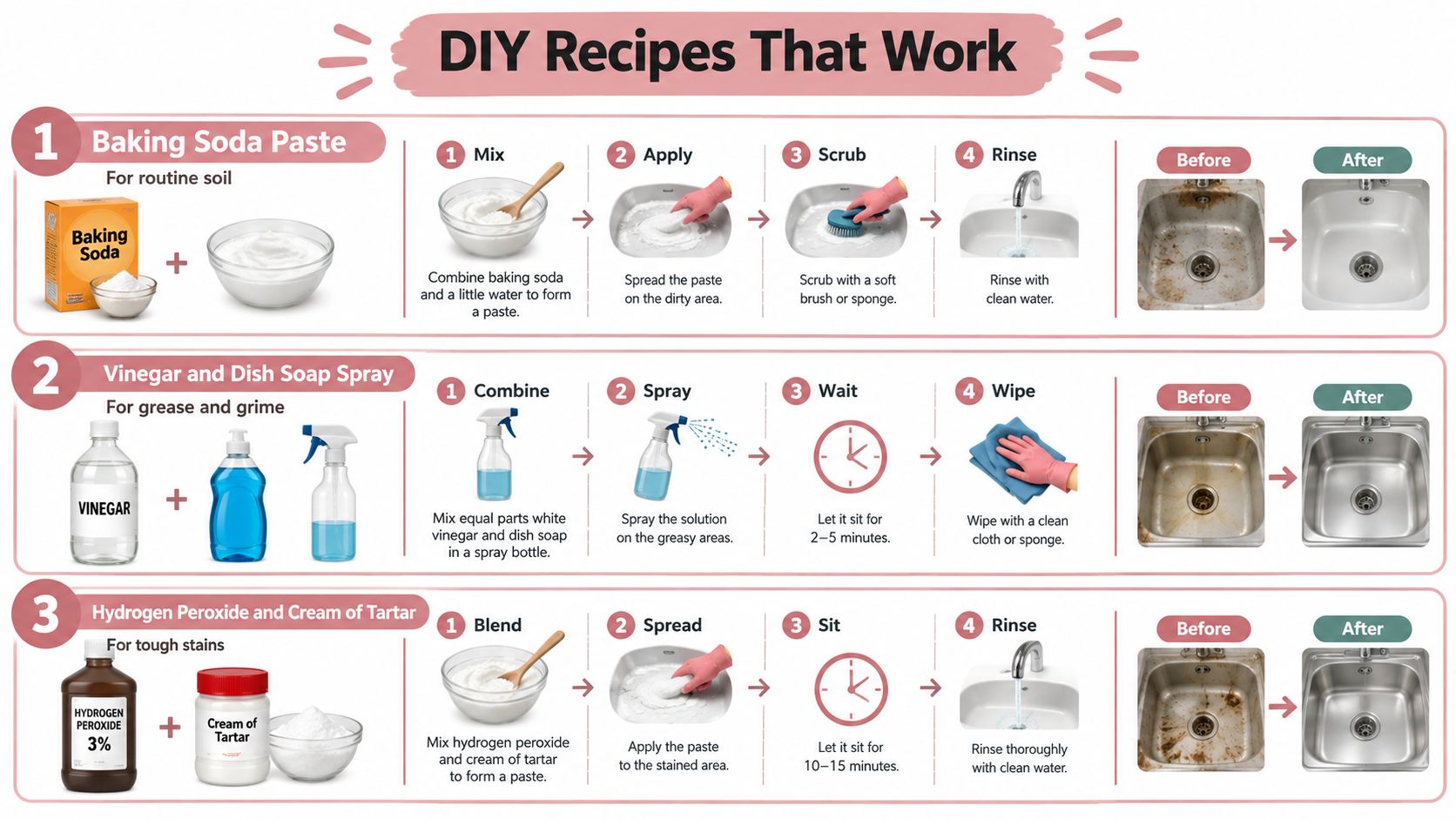 A DIY cleaning guide displaying three effective natural recipes to clean a dirty stainless steel kitchen sink.