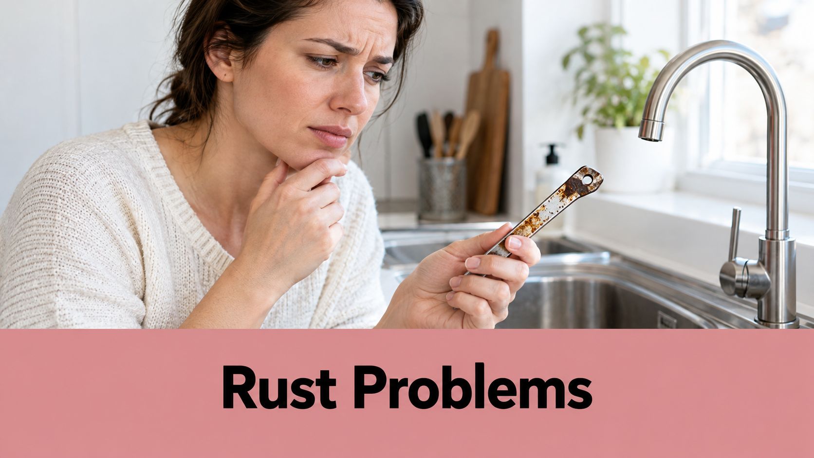 A concerned woman holding a rusty metal kitchen tool in her hands while standing near a sink.