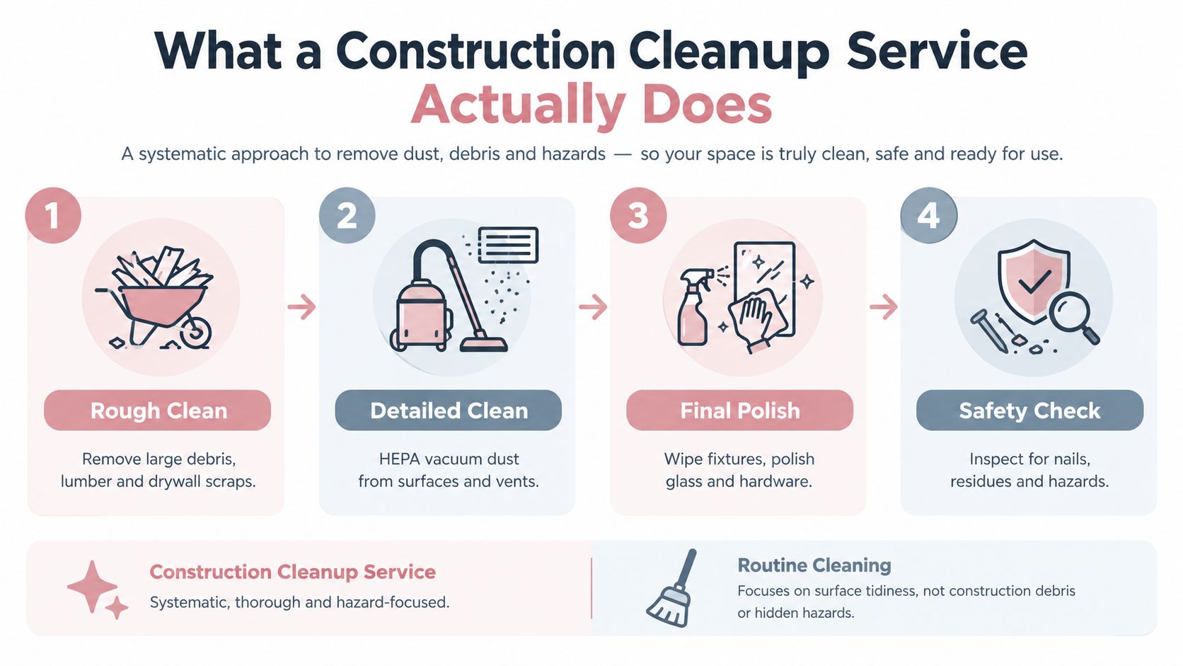 An infographic detailing the four-step process of a professional construction cleanup service, from debris removal to safety inspection.