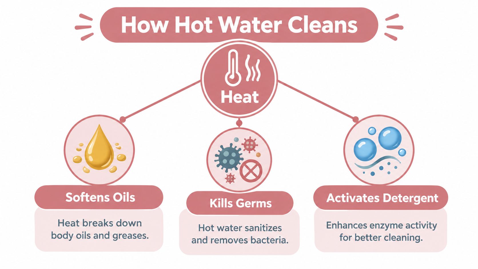 An infographic explaining how hot water effectively cleans by softening oils, killing germs, and activating detergent.