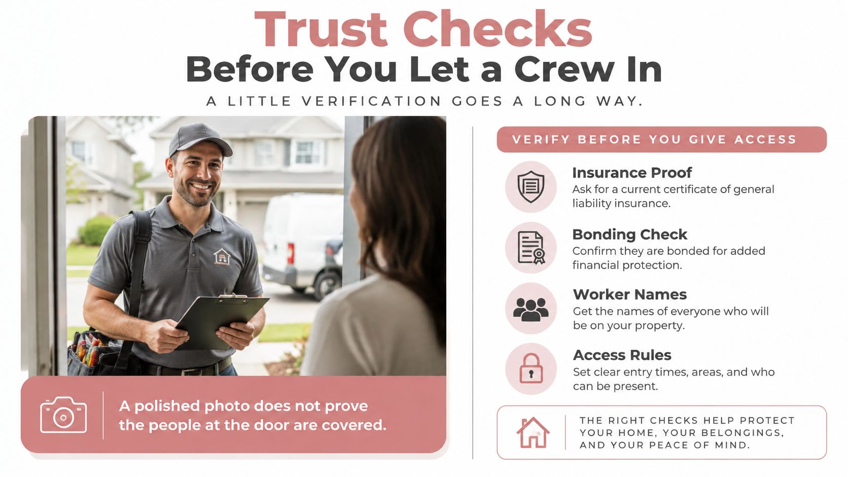 A service worker at a door with tips on how to verify credentials before home service.