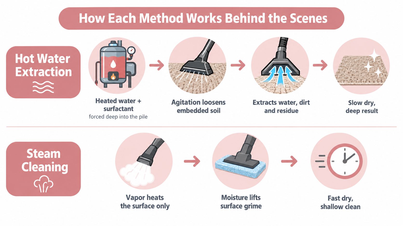 An infographic comparing the processes of hot water extraction and steam cleaning for carpet maintenance.