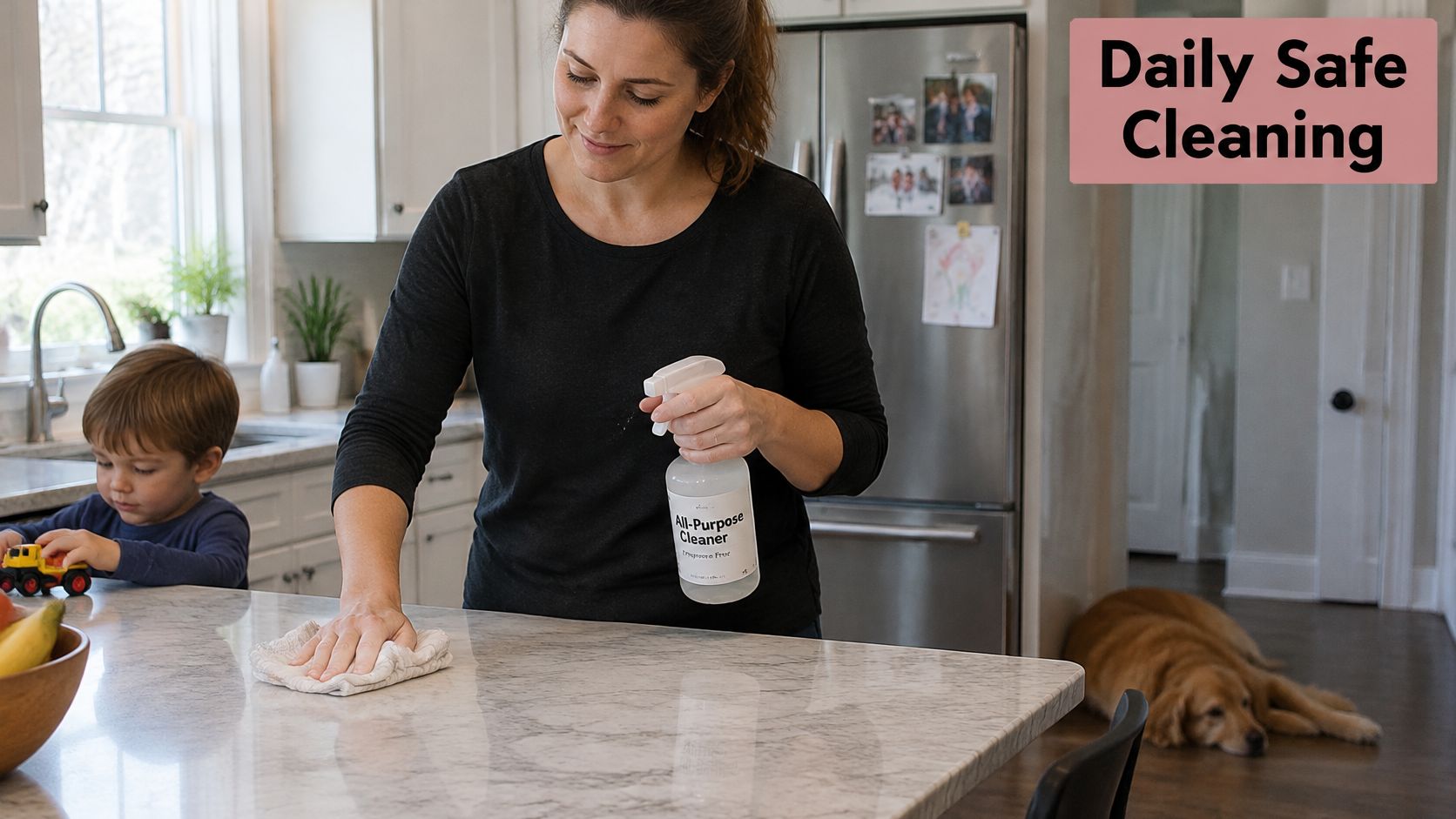 A woman cleaning a marble kitchen countertop with an eco-friendly spray while her child and dog are nearby.