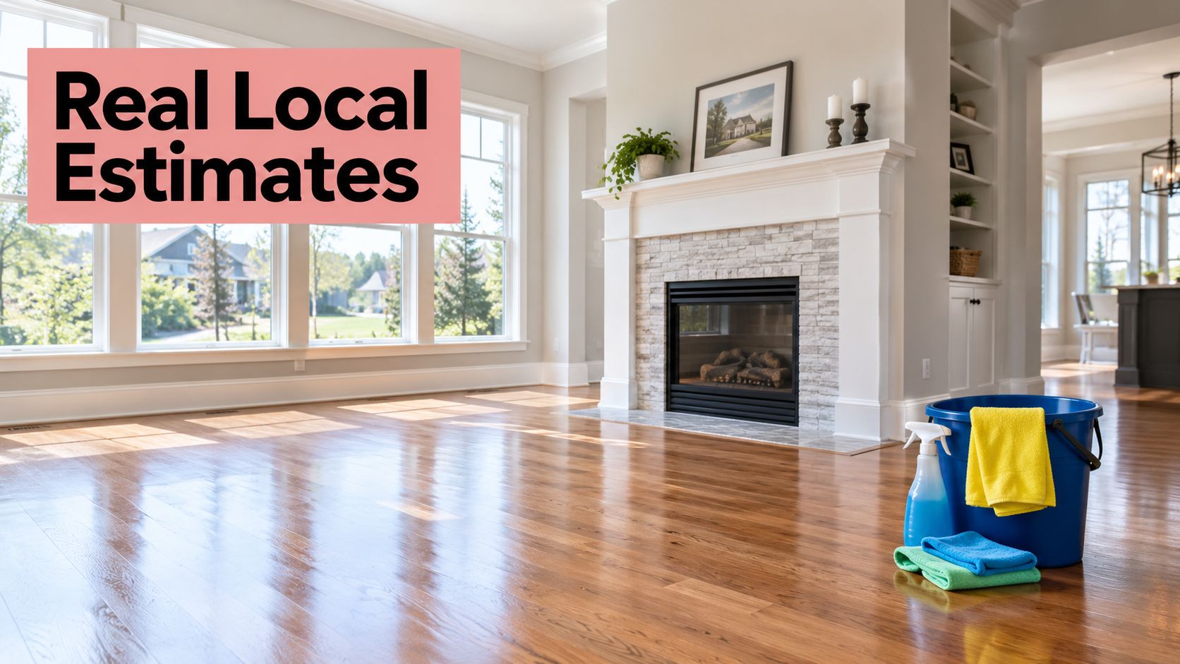 A clean, bright living room featuring polished wooden floors, a stone fireplace, and cleaning supplies ready for work.