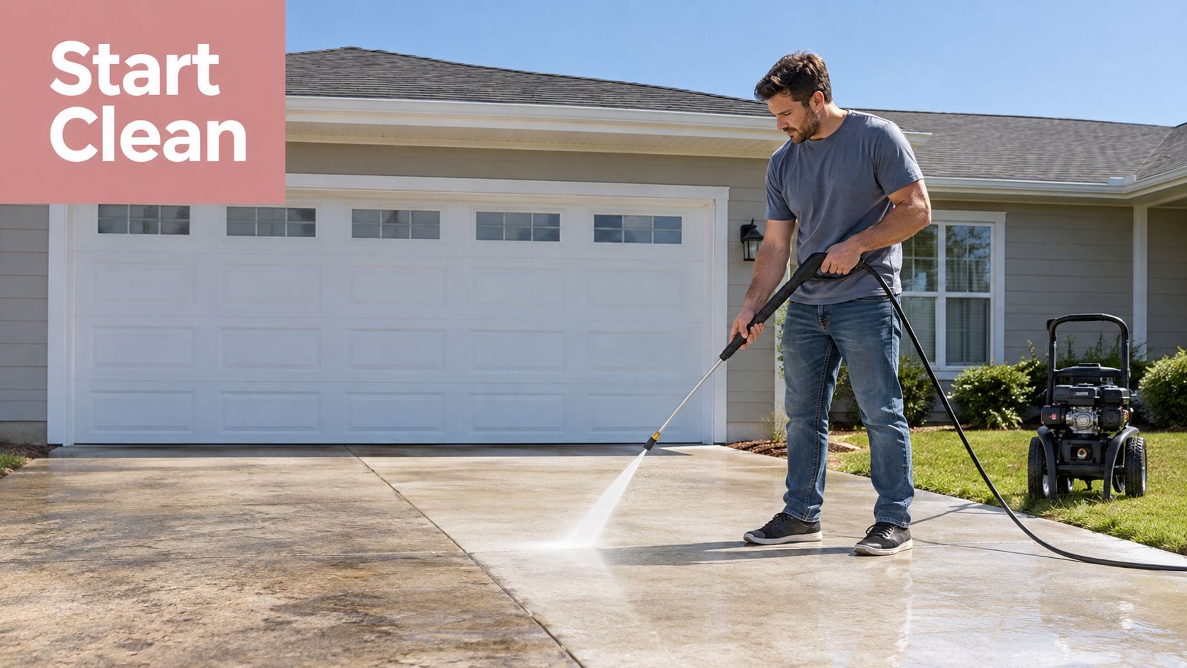 A man using a high-pressure washer to clean a dirty driveway in front of his home.