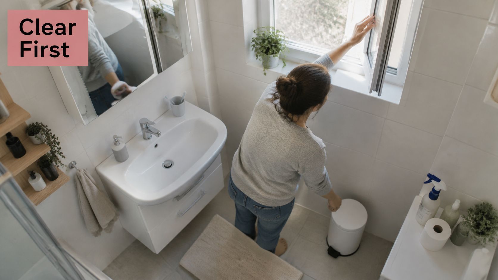 A woman cleaning a modern white bathroom, opening the window while standing near the sink and trash bin.