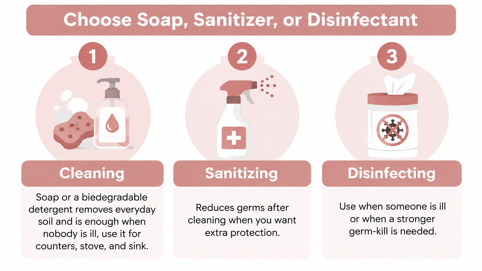A graphic showing three steps to choose between soap, sanitizer, or disinfectant for home cleaning tasks.