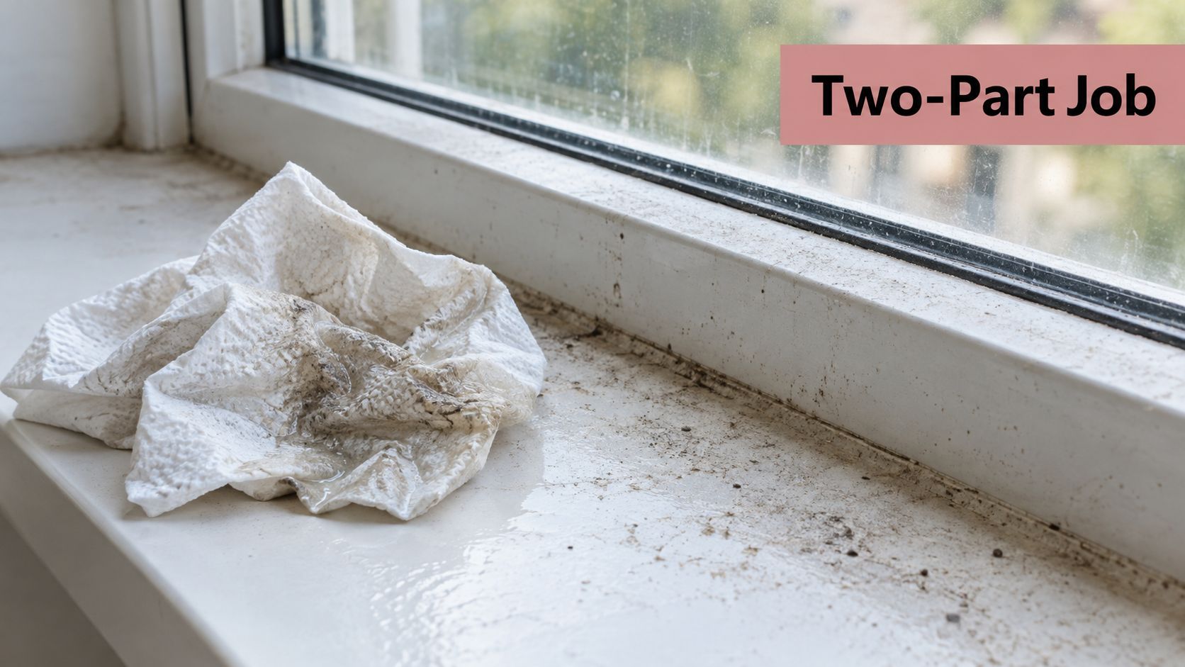 A dirty window sill covered in dust with a used, stained paper towel resting on the surface.