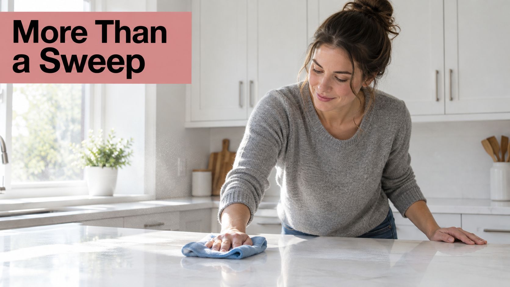 A woman cleaning a kitchen countertop with a blue microfiber cloth, ensuring a spotless living space.