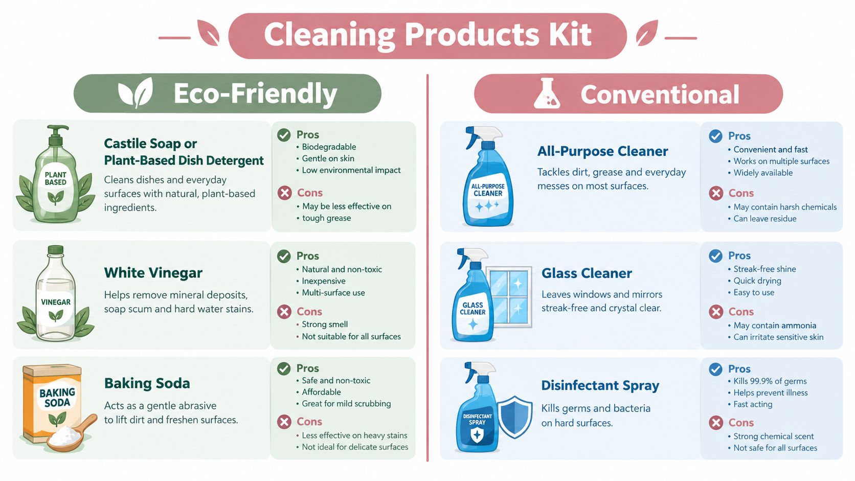 A comparison chart showing eco-friendly and conventional household cleaning products with their respective pros and cons.
