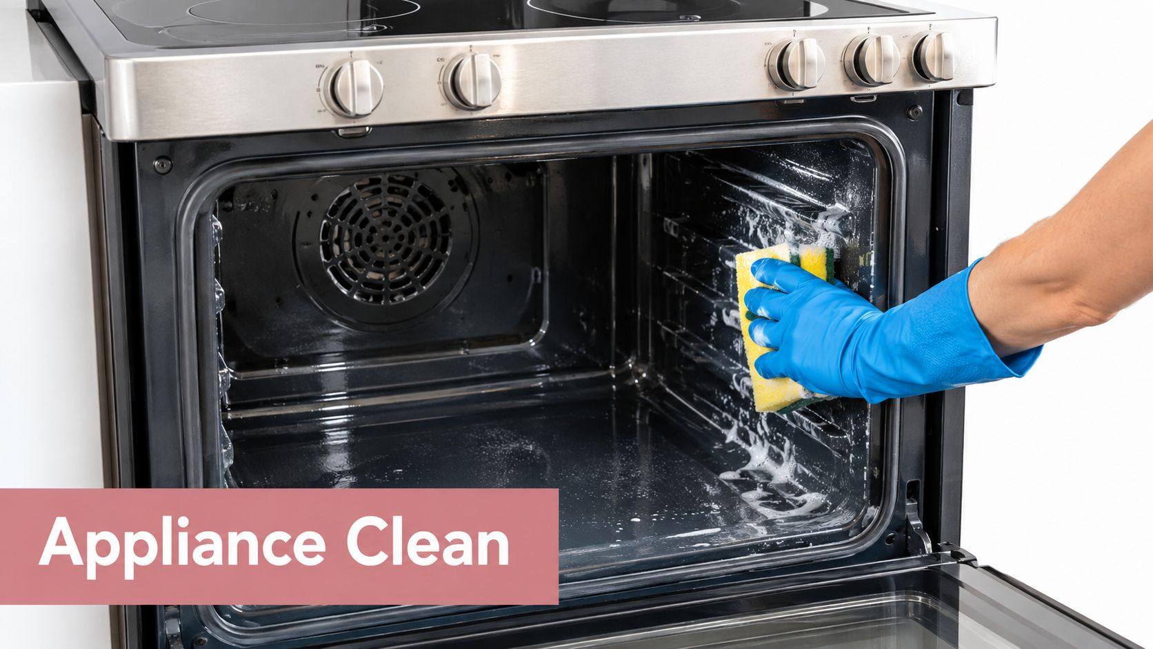 A person wearing blue gloves cleaning the inside of an oven with a sponge and cleaning foam.