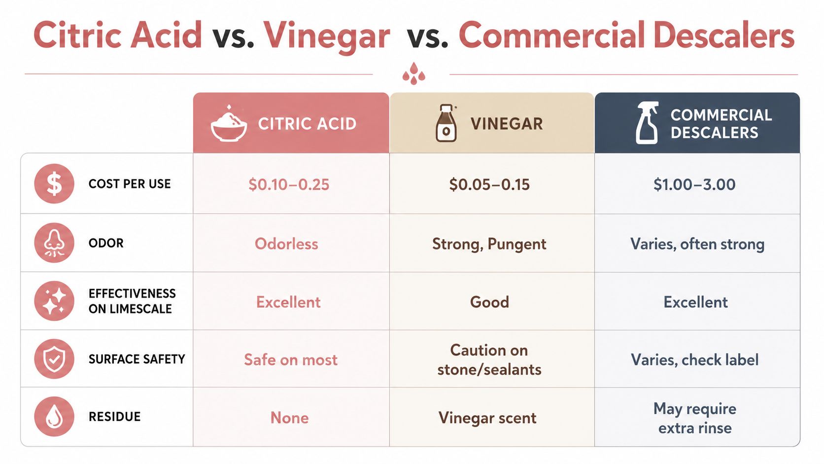 A comparison table showcasing the cost, odor, effectiveness, safety, and residue of citric acid, vinegar, and commercial descalers.