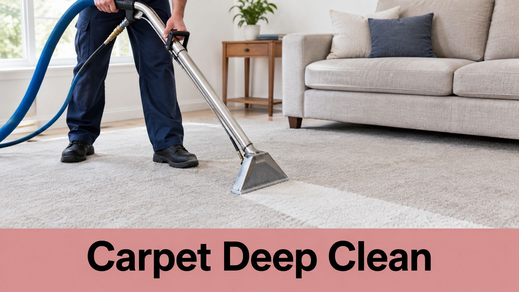 A professional carpet cleaner operating a steam cleaning wand on light gray carpet in a living room.