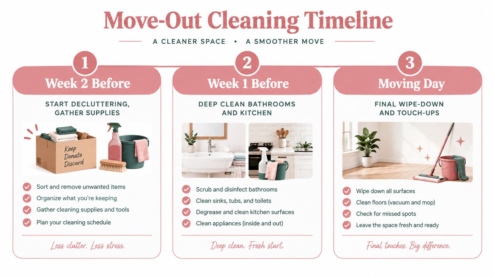 A checklist infographic detailing a move-out cleaning timeline from two weeks before moving to the actual moving day.