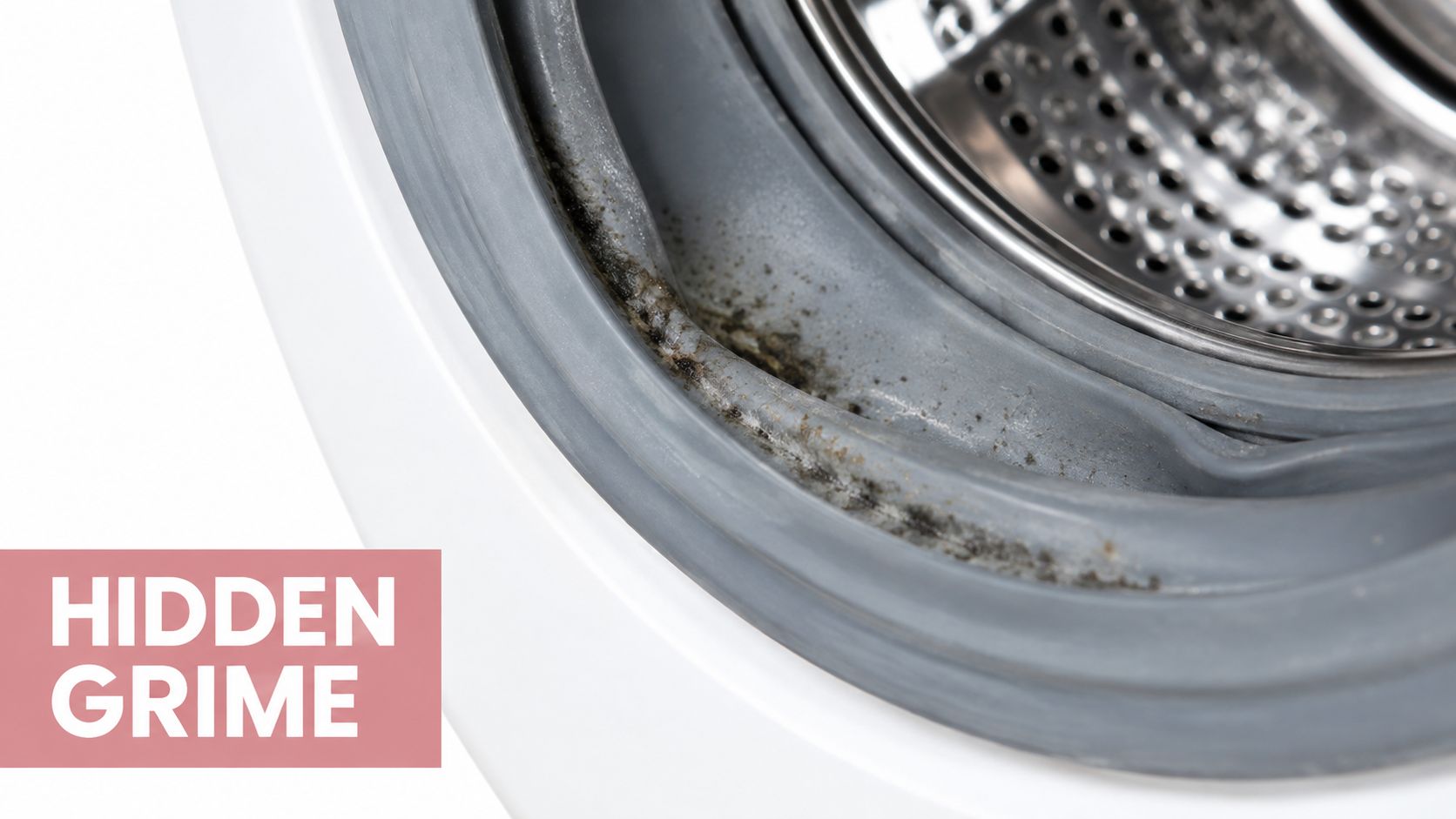 Close-up view of dirty mold and grime buildup inside the rubber gasket of a washing machine door.