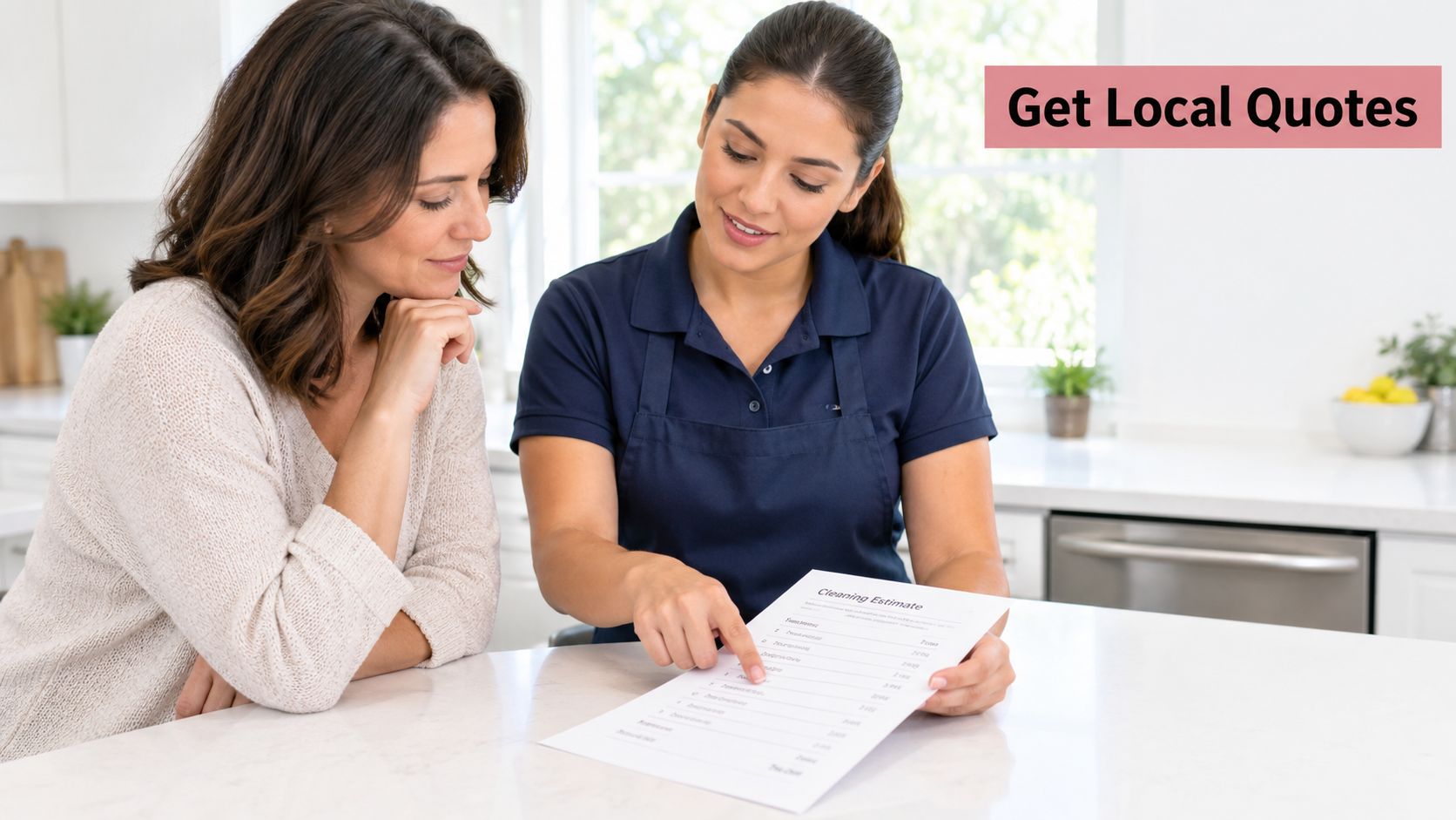 A professional cleaner explains a house cleaning price estimate to a homeowner at a kitchen counter.