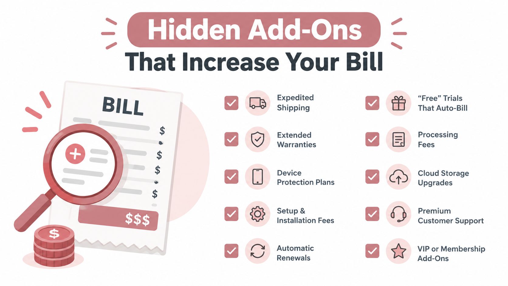 An infographic titled Hidden Add-Ons That Increase Your Bill listing common extra costs like shipping and warranties.