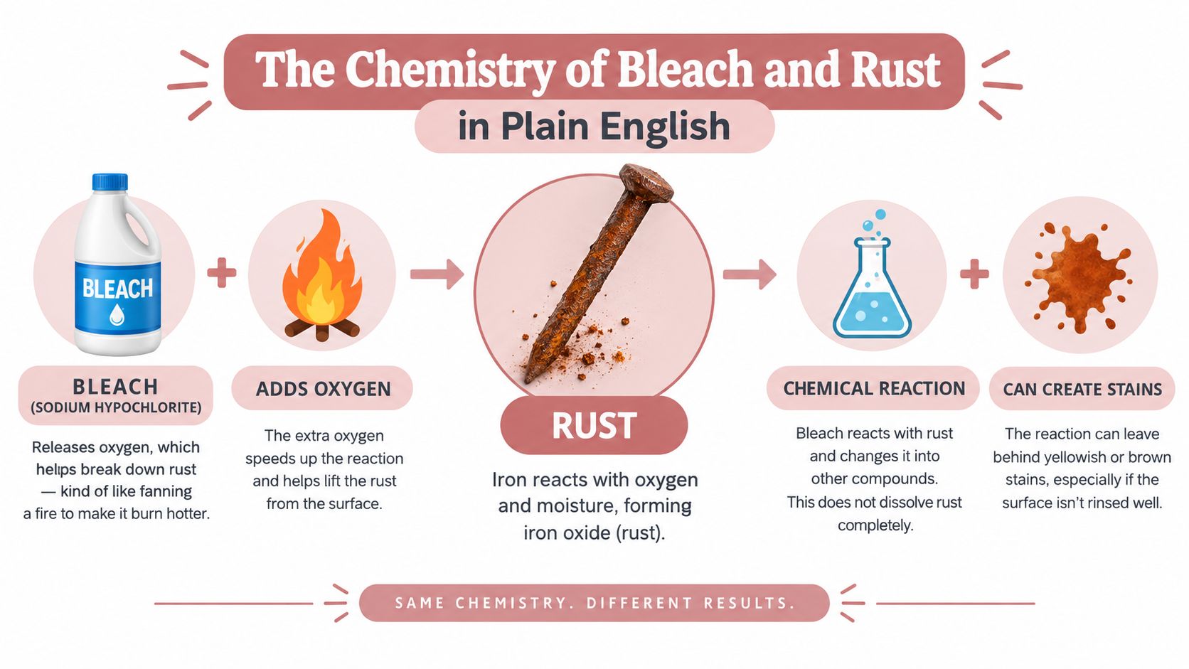 An infographic explaining why bleach is ineffective at removing rust and can cause further staining.