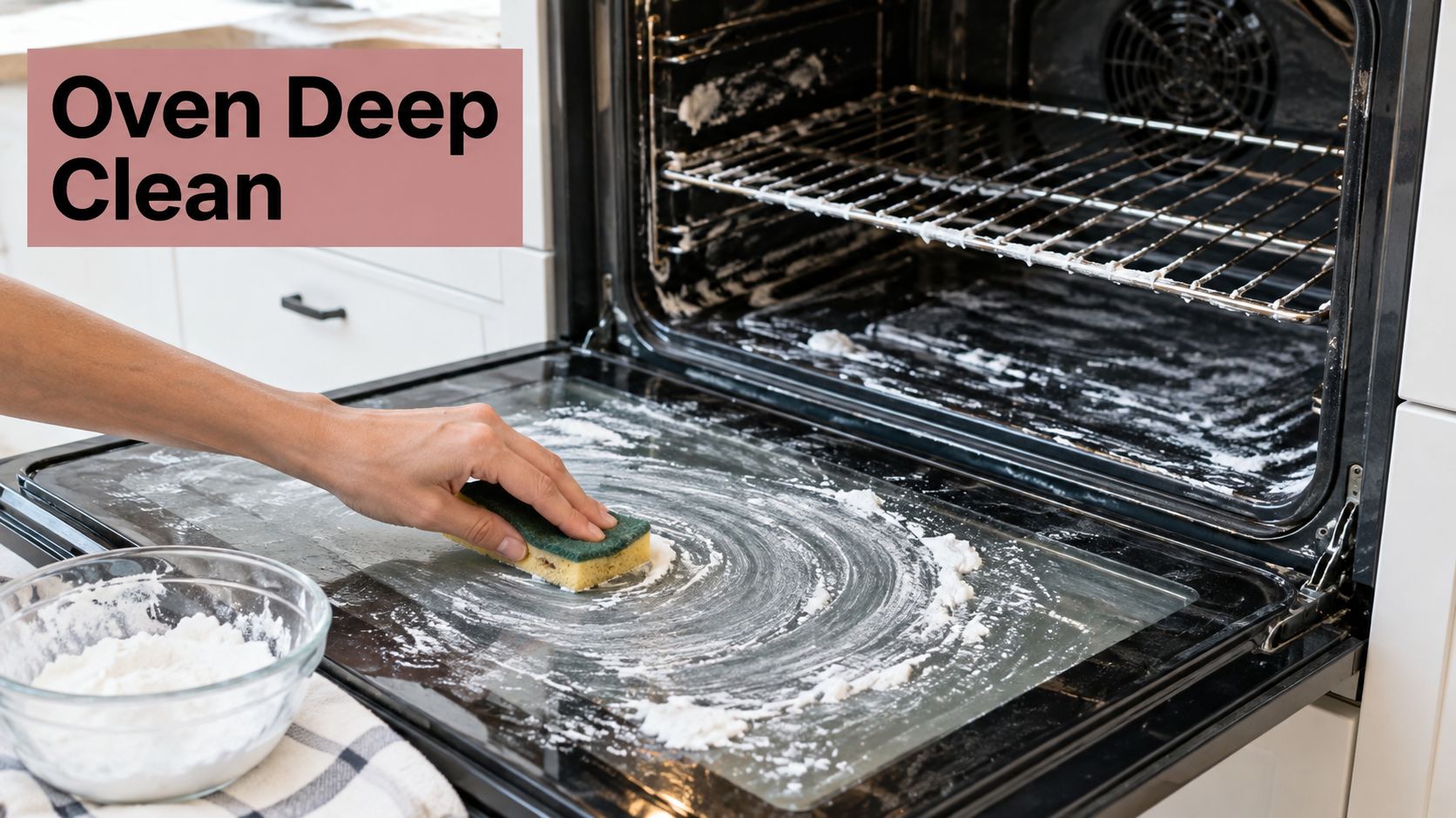 A person cleaning the glass door of an oven with a sponge and cleaning paste.