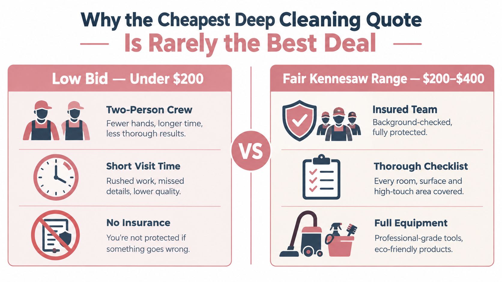A comparison infographic showing why low-cost deep cleaning services often provide lower quality than fair-priced professional options.