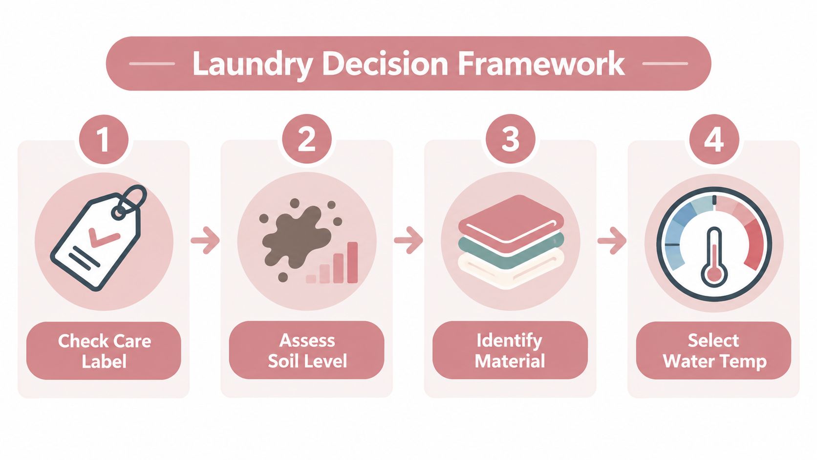 A four-step laundry decision framework infographic displaying instructions for checking labels, assessing soil, identifying material, and setting temperature.