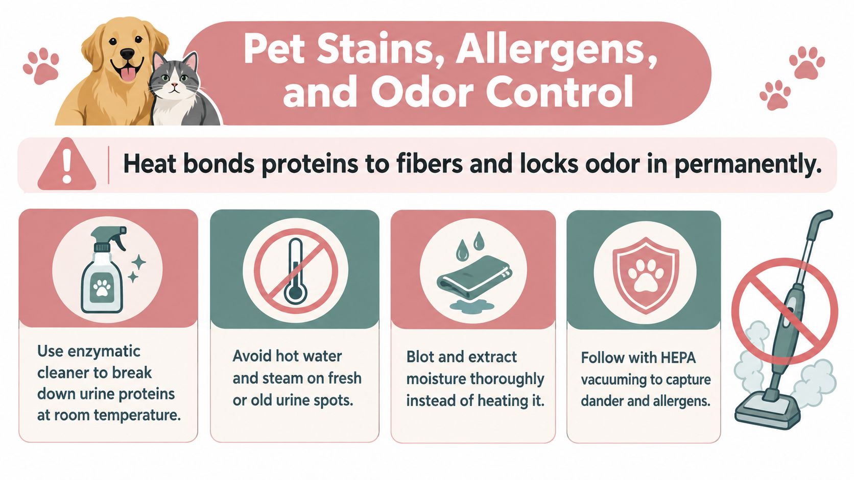 An infographic explaining how to effectively remove pet stains and odors from carpets using non-heat methods.