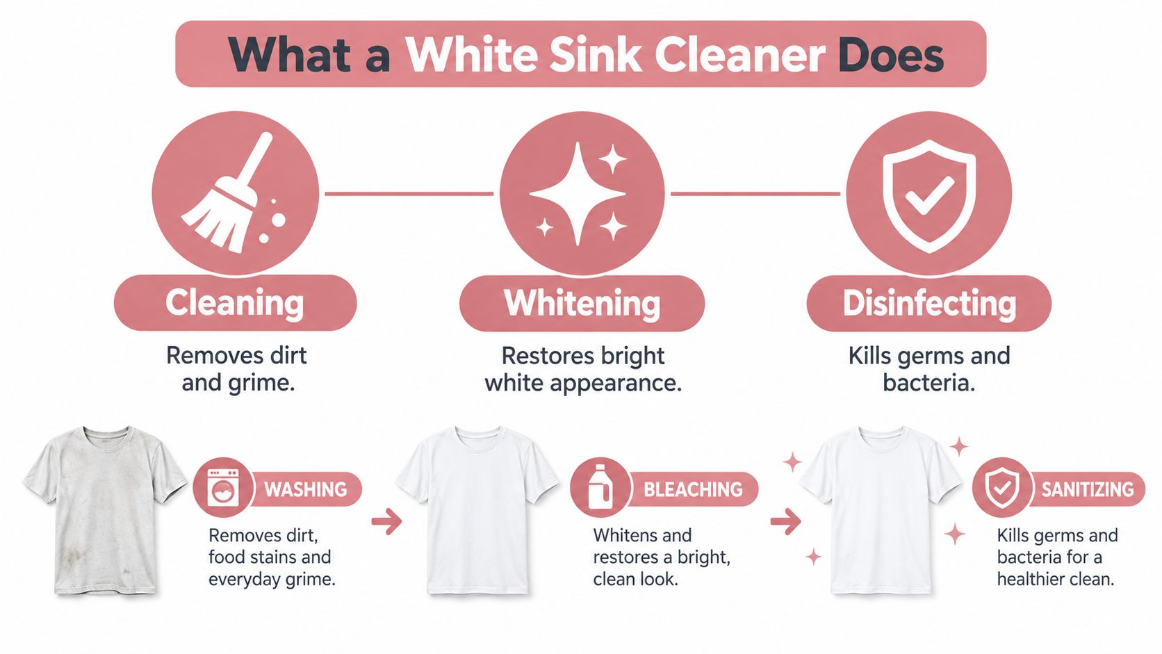 An infographic illustrating how a white sink cleaner functions through cleaning, whitening, and disinfecting processes.