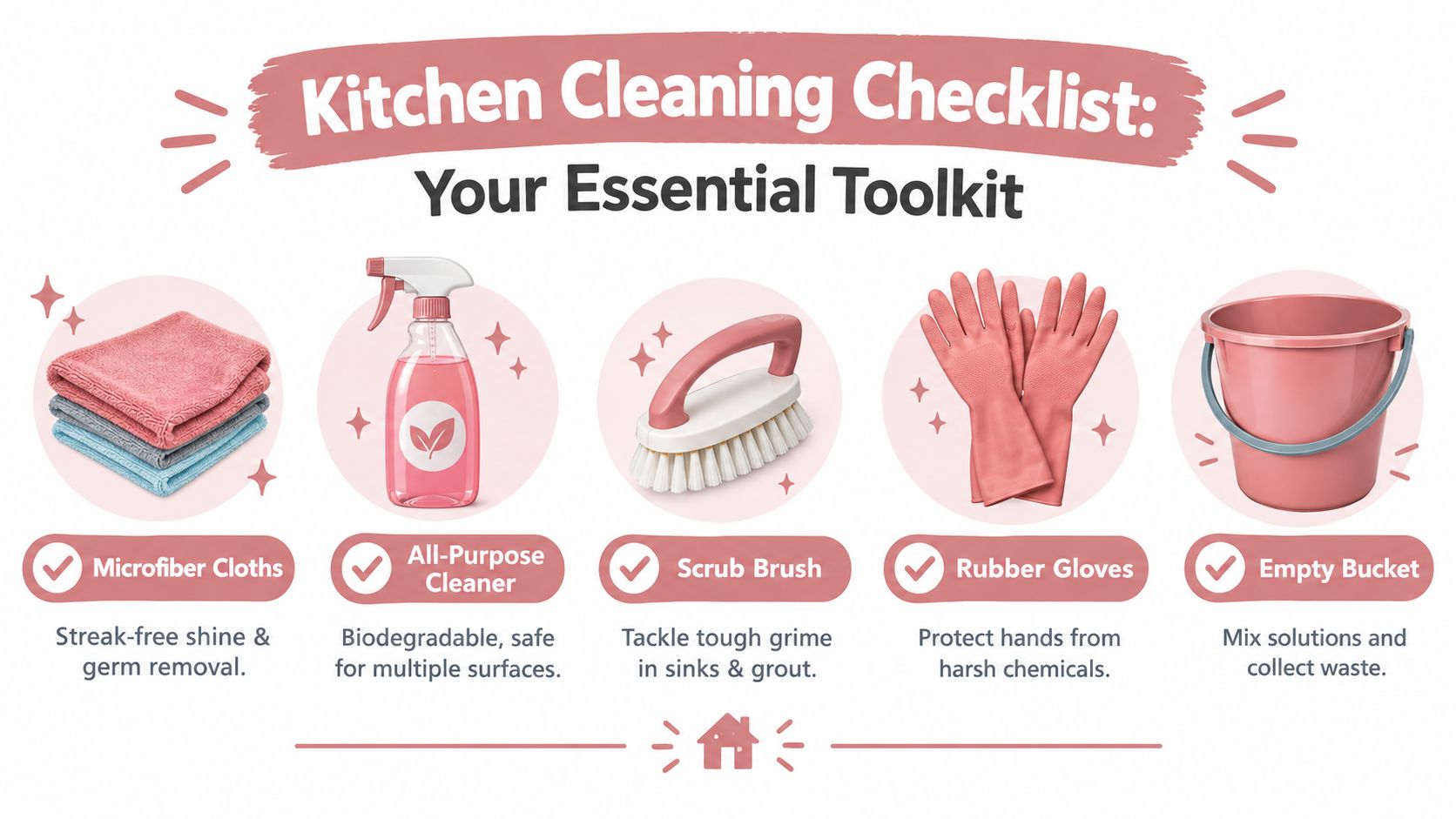 A kitchen cleaning checklist graphic showing essential tools like microfiber cloths, cleaner, brush, gloves, and a bucket.