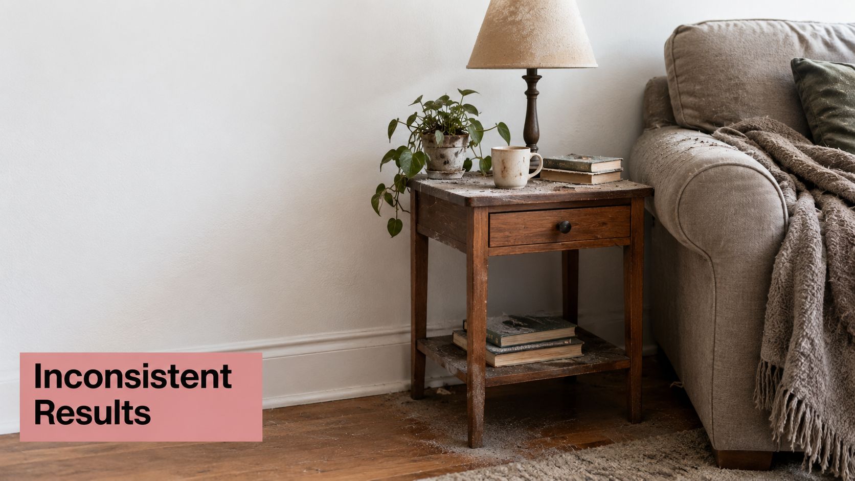 A dusty wooden side table in a living room, cluttered with books, a lamp, and a mug.