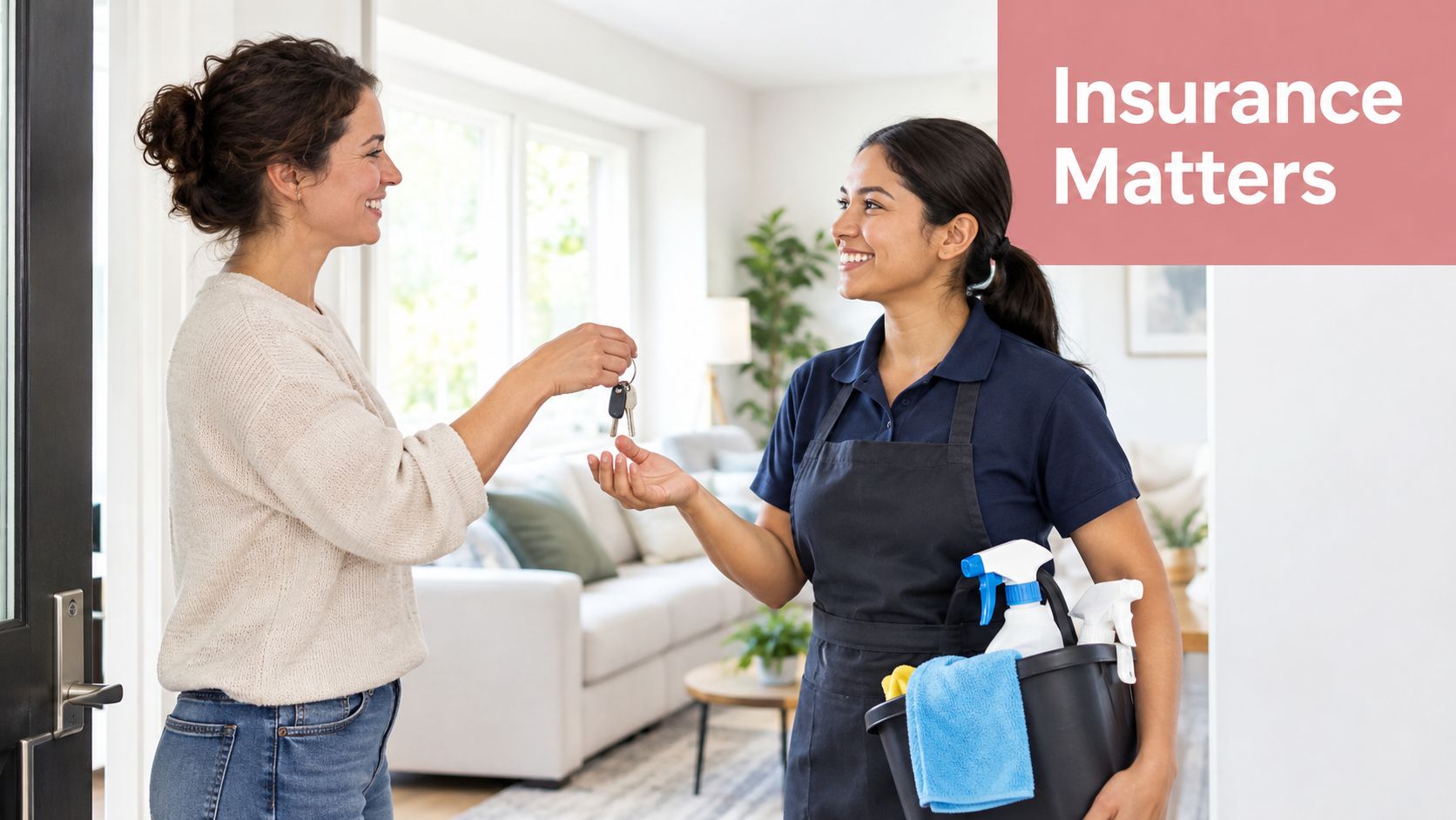 A woman hands house keys to a professional cleaner holding a cleaning supplies bucket at the door.