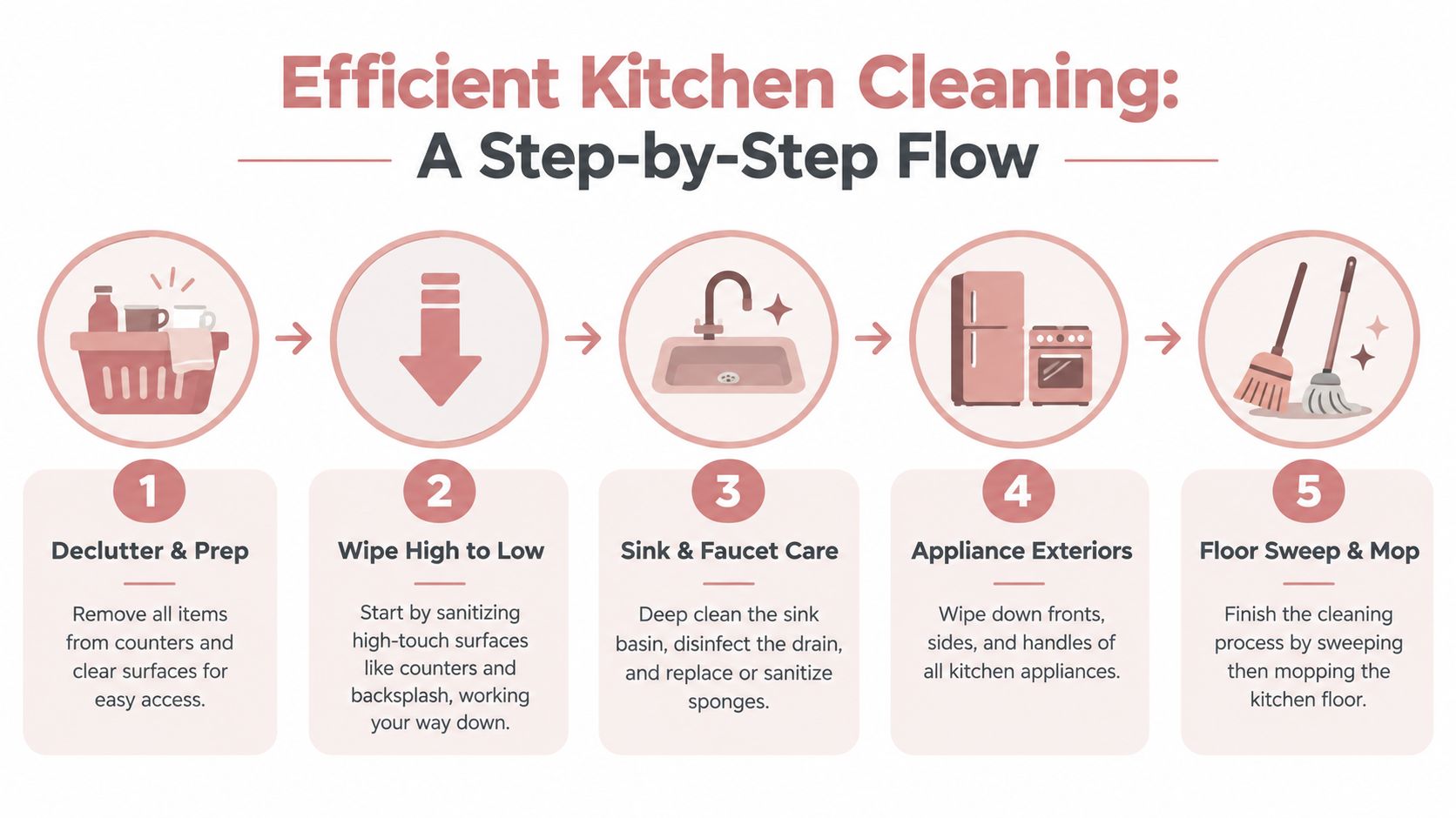 A step-by-step infographic illustrating five efficient stages for cleaning a kitchen, from decluttering to mopping floors.