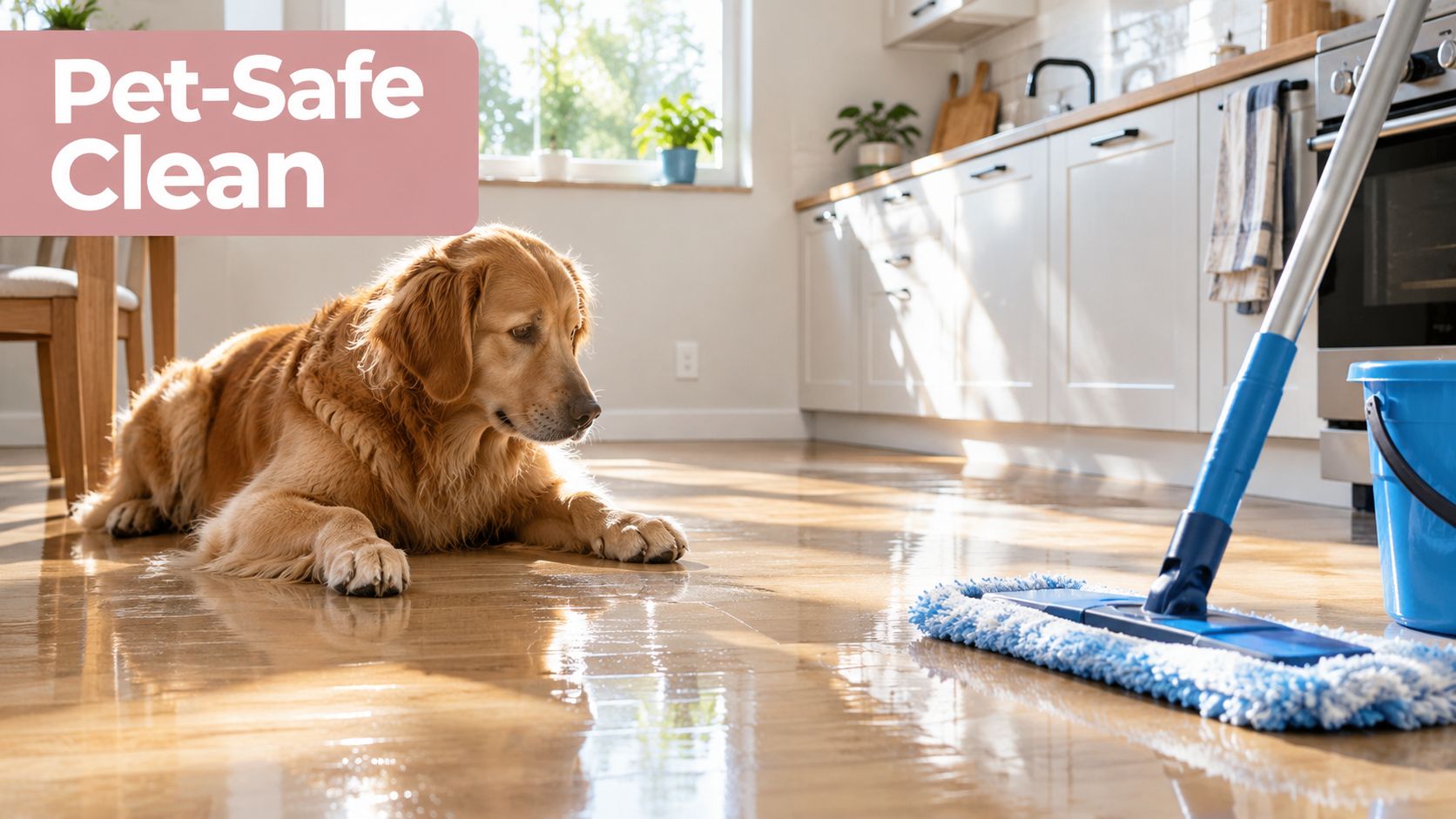 A golden retriever dog resting on a freshly mopped hardwood floor in a bright home kitchen.
