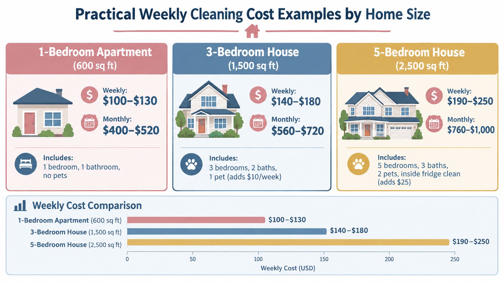 A chart comparing weekly cleaning costs for a 1-bedroom apartment, 3-bedroom house, and 5-bedroom house.
