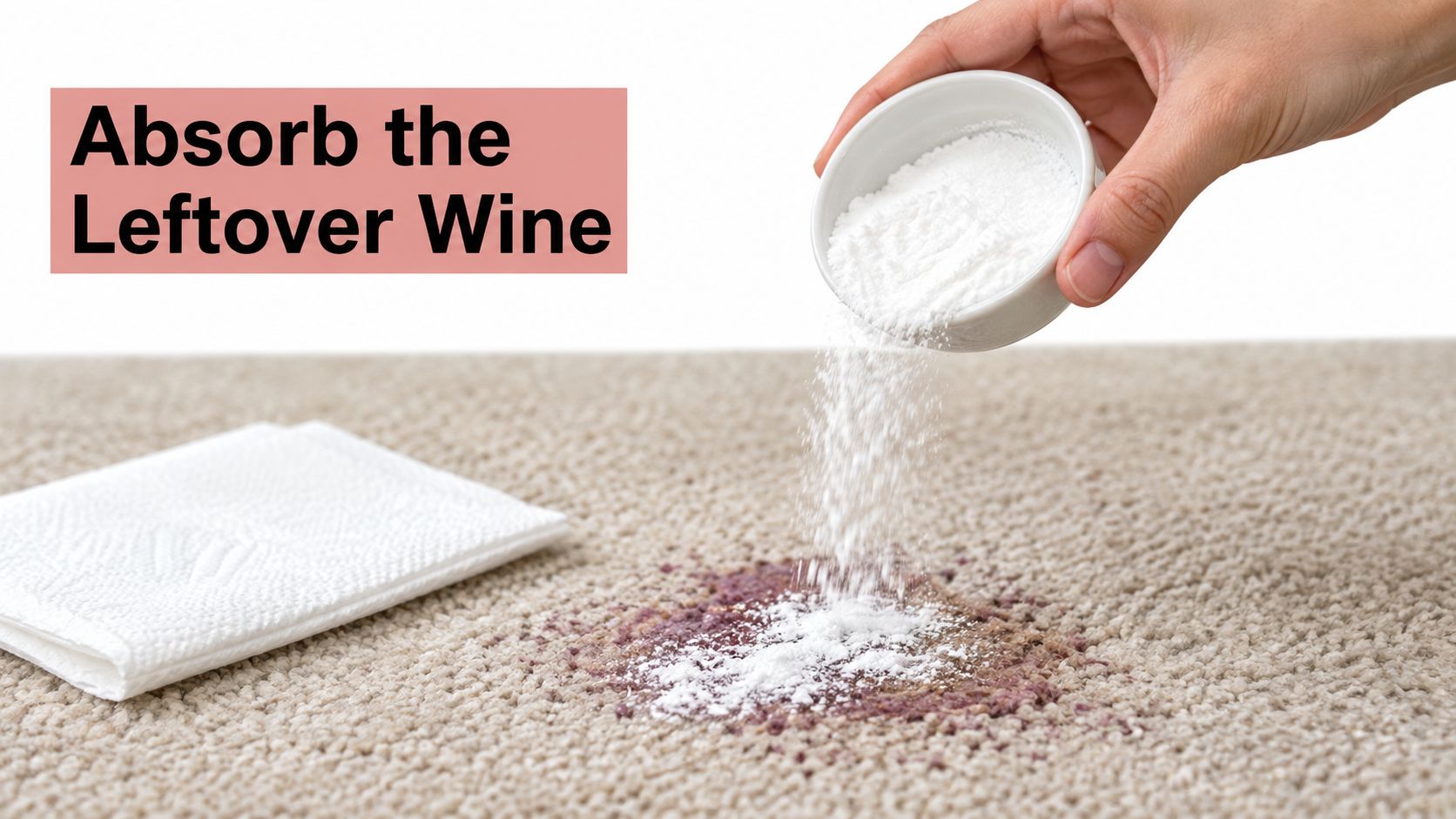A hand sprinkling baking soda onto a wine stain on a beige carpet to absorb liquid.