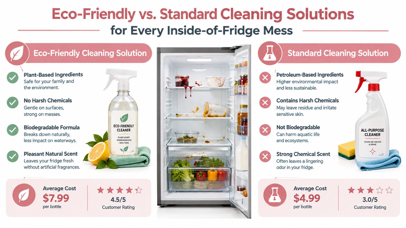 A comparison infographic between eco-friendly and standard cleaning solutions for cleaning the inside of a fridge.