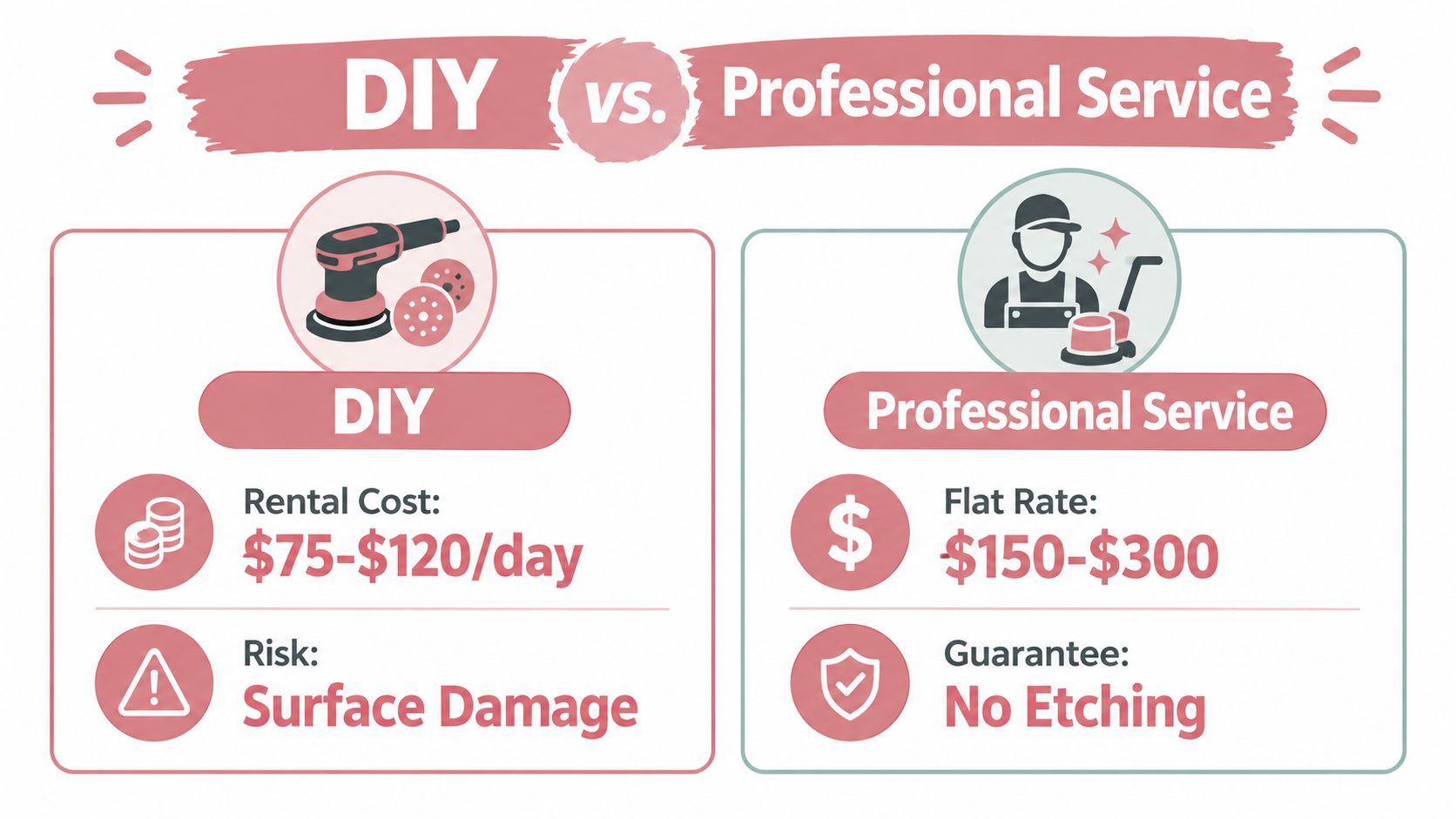 A comparison chart showing the costs and risks of DIY versus professional driveway pressure washing services.